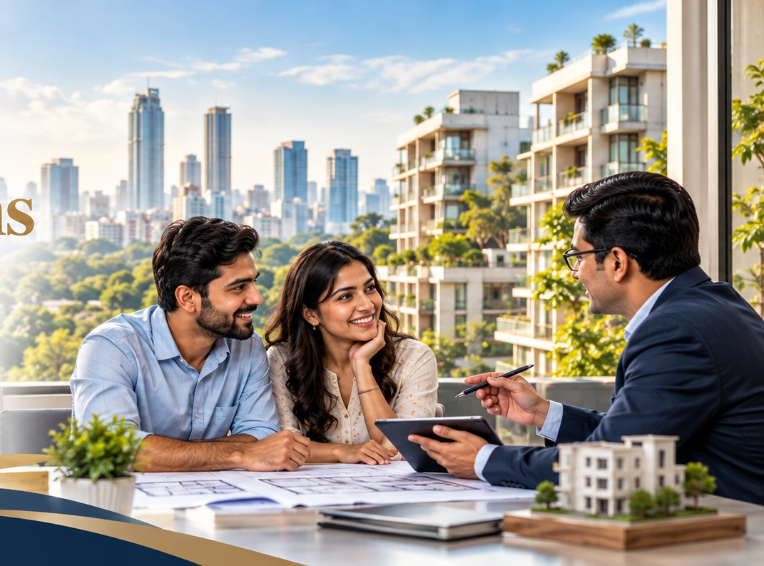 Property advisor discussing property plans with a couple in Bangalore